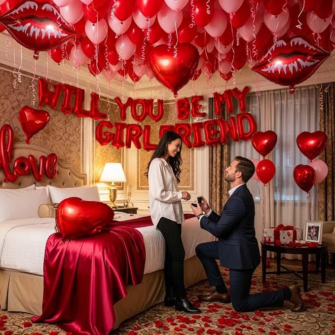 Red 'WILL YOU BE MY GIRLFRIEND' Confession Letter Balloons with red and pink balloons,Heart-Shape, lips, love Foil Balloons and Rose Petals for Romantic Special Night Decorations and Valentines Day