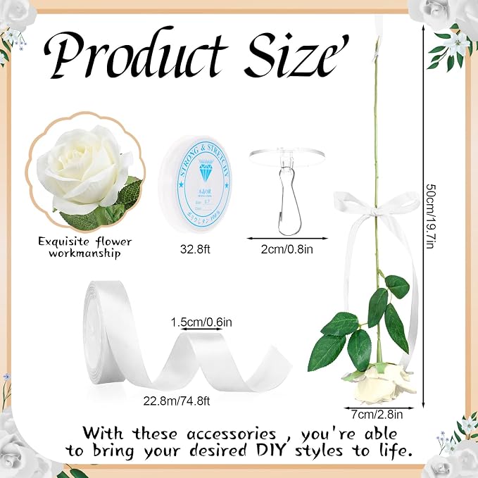 Sliner 25 Pcs Artificial Rose Flowers Hanging Decorations, Dangling Flowers Garland with Hooks Spring Party Decorations Hanging Flower Ceiling Decoration for Wedding Party Spring Home Birthday(White)