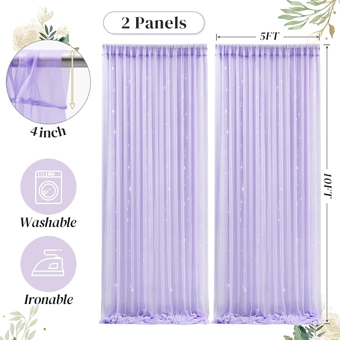 10ft x 10ft Purple Backdrop Curtain with Lights String for Parties, Sheer Tulle Wedding Photo Backdrops Drapes for Purple Birthday Party Decorations Background for Photography