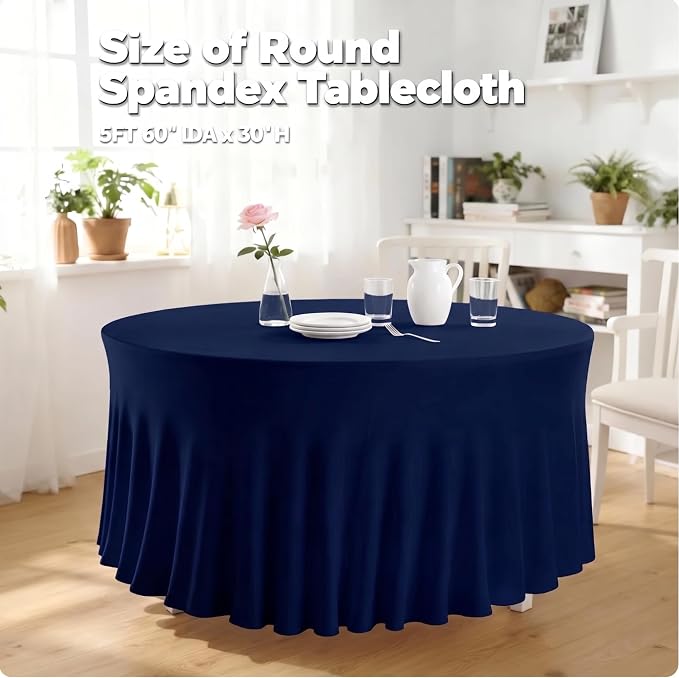 10 Pack Navy Blue Round Spandex Tablecloths for 60in Tables, 120 Inch Stretch Fitted Table Skirts, Wrinkle-Free Washable Polyester Covers for Wedding, Banquet & Party