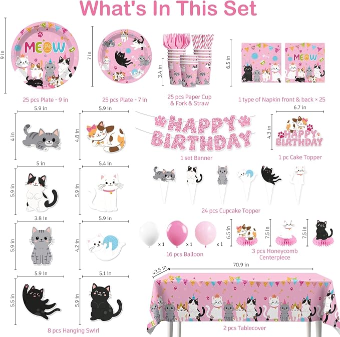 213pcs Cat Birthday Decorations, Complete Paper Tableware Set Includes 350gsm Plates 24 Cupcake Toppers and 2 Waterproof Tablecloths, Cat Themed Birthday Party Decorations for 25 People