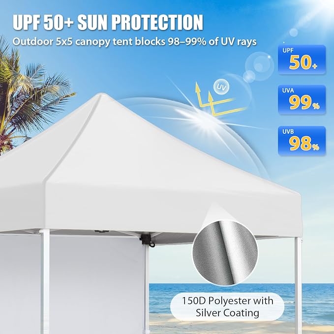EAGLE PEAK Pop up Canopy 5x5, Outdoor Portable Canopy Tent with One Removable Sunwall, Carry Bag Included, White