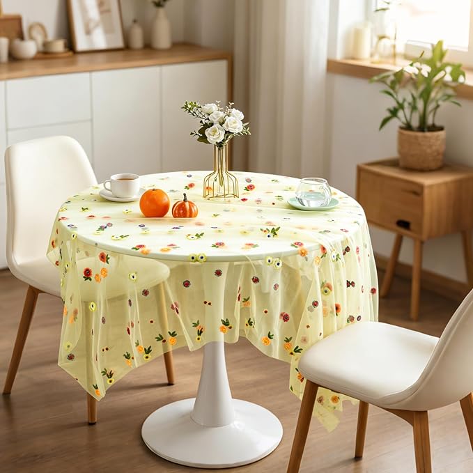 BINBE 1pcs Daisy Spring Table Runner Embroidery Gauze 10FT Florals Seasonal Tulle Holiday Birthday Kitchen Dining Table Decor for Home Party Green