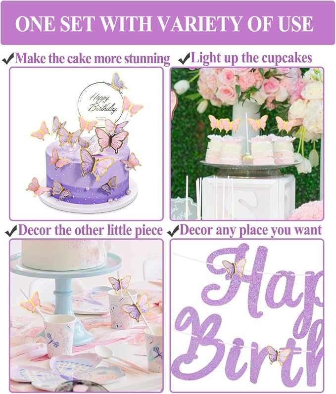 Butterfly Birthday Decorations Party Supplies with Pre-strung Happy Birthday Banner,Flower Garland,Cake Cupcake Toppers Stickers,Hanging Swirls, Paper Fan Spring-themed Decor Pack for Women Girls
