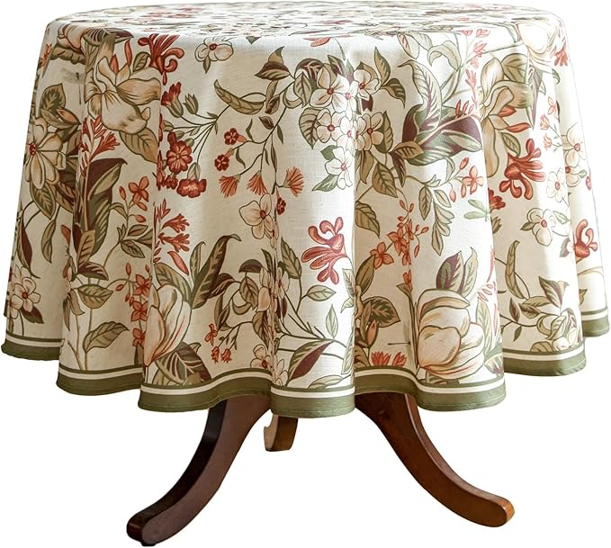 ISAENNE Designer Vintage Round Linen Tablecloth,Diameter 55"-Grace A | French Elegant Beautiful Durable Printed Table Cloth,Floral Pattern,Decoration,Heavyweight,Dining,Kitchen,Thanksgiving
