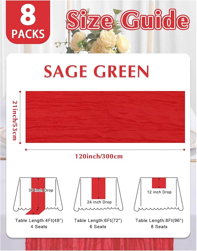 8 Pack Red Cheesecloth Table Runner 21x120 Inch Gauze Table Runners Reusable Polyester 10ft Boho Rustic Cheese Cloth Table Runner for Wedding Party Baby Shower