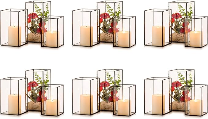 Nuptio Glass Candle Holders Hurricane Holder for Pillar Candles 18 Pcs Black Metal Candle Holders Large Rectangular Candleholder Vase Centerpieces Decoration for Wedding Party 9.5 & 8.1 & 6.5 inch