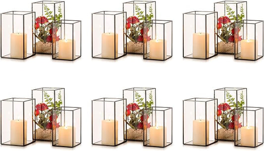 Nuptio Glass Candle Holders Hurricane Holder for Pillar Candles 18 Pcs Black Metal Candle Holders Large Rectangular Candleholder Vase Centerpieces Decoration for Wedding Party 9.5 & 8.1 & 6.5 inch