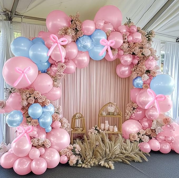 Pearl Pink Balloon Arch Double Stuffed Pearl Hot Baby Pink Balloon Garland Kit with Long Balloons Different Size for Birthday Wedding Baby Shower Bridal Anniversary Decoration