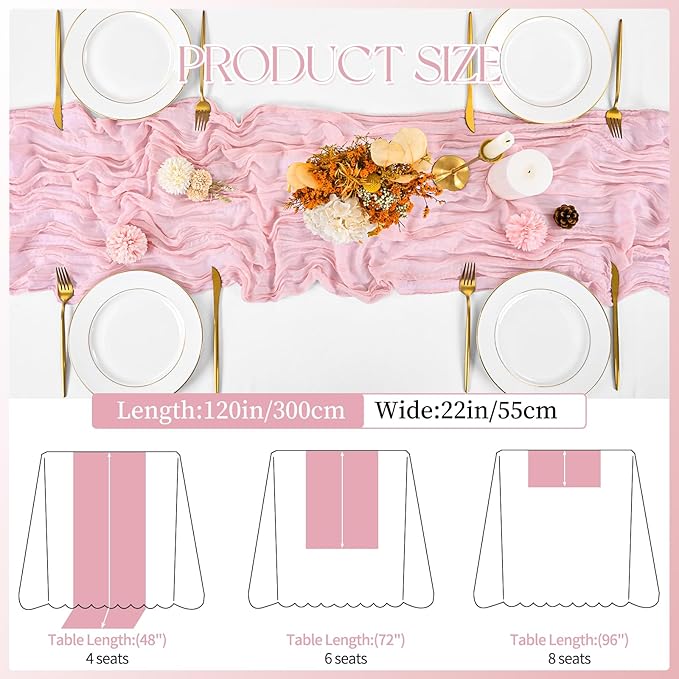 8 Pack Light Pink Cheesecloth Table Runner 120 Inch 10FT Spring Boho Rustic Sheer Gauze Cheese Cloth Table Runner for Wedding Baby Shower Birthday Party Table Decor