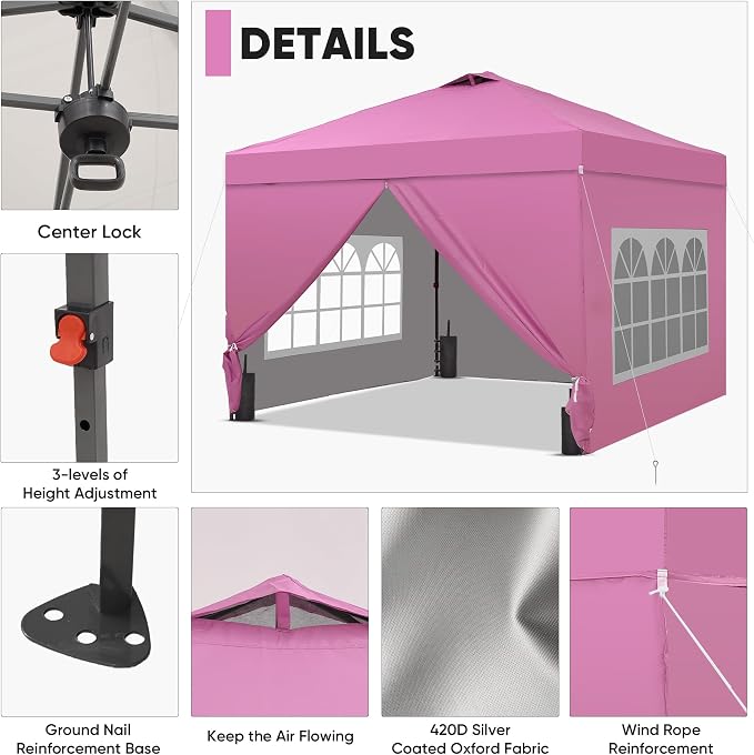 GDY 12x12 Pop Up Canopy Tent with 4 Sidewalls, Easy Set up with One Push Lift Gazebo with Wheel Bag and4 Sandbags,Carpas for Events, Parties,Camping, Pink.