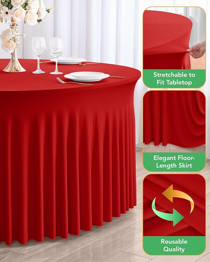 6 Pack Spandex Table Cover Skirts for 60 inch Round Tables, Red Stretch Table Cloths with Floor-Length Ruffle, Elastic Fitted Skirted Tablecloth for Elegant Wedding Banquet Party Buffet Decoration