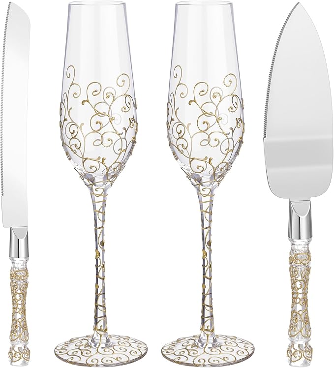 Ceenna 4 Pcs Gold Wedding Toasting Flutes and Cake Server Set Elegant Champagne Glasses and Knife Server Set Gifts for Bride and Groom Anniversary Wedding Reception Supplies