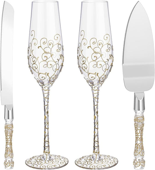 Ceenna 4 Pcs Gold Wedding Toasting Flutes and Cake Server Set Elegant Champagne Glasses and Knife Server Set Gifts for Bride and Groom Anniversary Wedding Reception Supplies