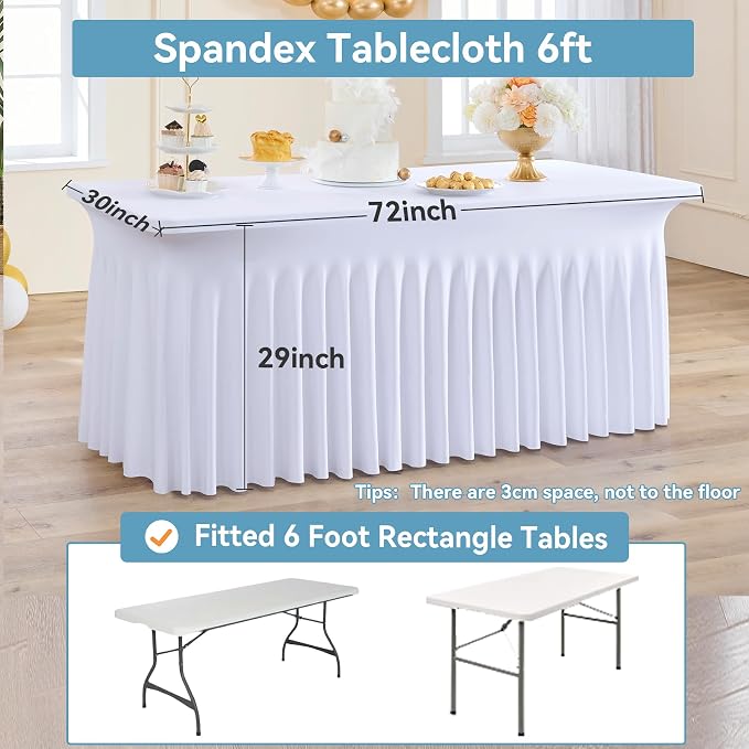 NSSONBEN 8 pk White Spandex Tablecloth 6ft, Wrinkle Free High Stretch Fitted Tablecloths for 6 Foot Rectangle Tables, Elastic Spandex Table Covers 6ft with Pleats Skirt for Party Wedding Banquet