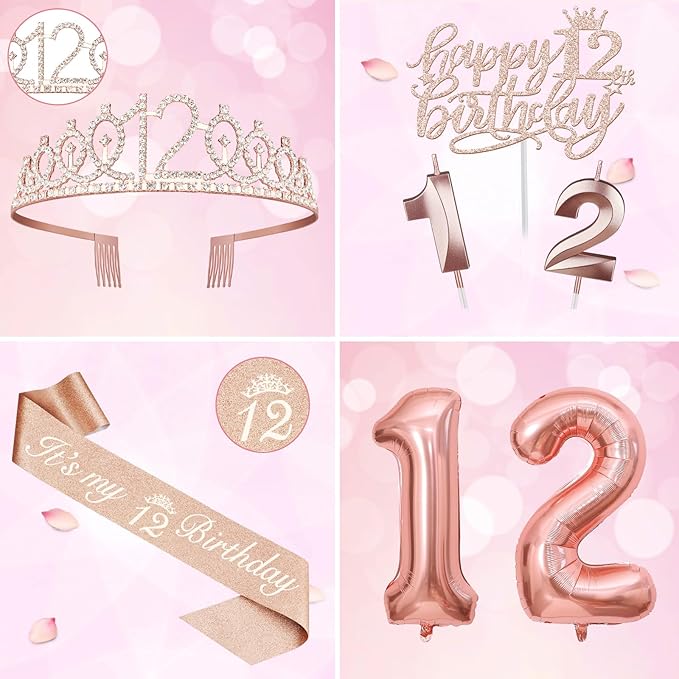 12th Birthday Decorations for Girls, Including 12th Birthday Sash and Tiara, Cake Topper and Candles, Number Balloons, 12 Year Old Gifts for Girls