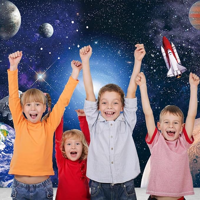 CGXINS Polyester 9x6ft Outer Space Astronaut Themed Baby Kids Childern Birthday Party Photography Backdrop Baby Shower Universe Galaxy Stars Newborn Photo Background Outer Space Blue Party Backdrop