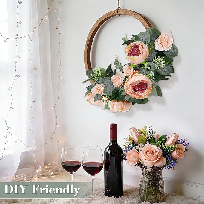 2 Pack 12Ft Artificial Eucalyptus Floral Garland with 16 Flowers Vintage Peony Rose, Pink Fake Flower Greenery Spring Garland Floral Vines for Mantle Wedding Arch Home Table Runner Backdrop Decor