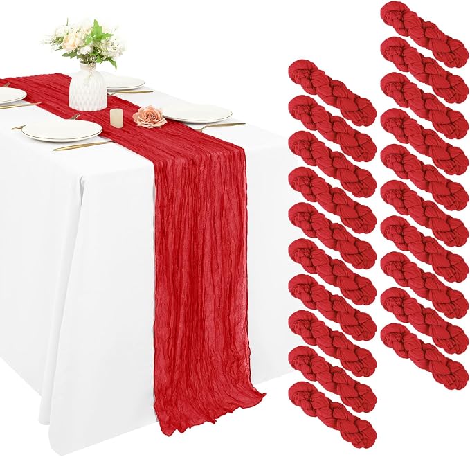 20 Pack Cheesecloth Table Runner 17 x 108 inch Long Boho Gauze Table Runners Semi Sheer Table Runner for Wedding Decor, Baby Shower, Birthday Party, Banquet (Red)