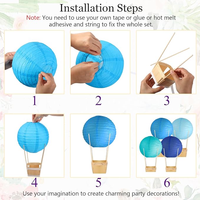 Namalu 24 Set Hot Air Balloon Table Centerpieces Baby Shower Party Decoration Paper Lanterns with Wooden Basket Sticks for Summer Birthday School DIY Craft(Blue Series)
