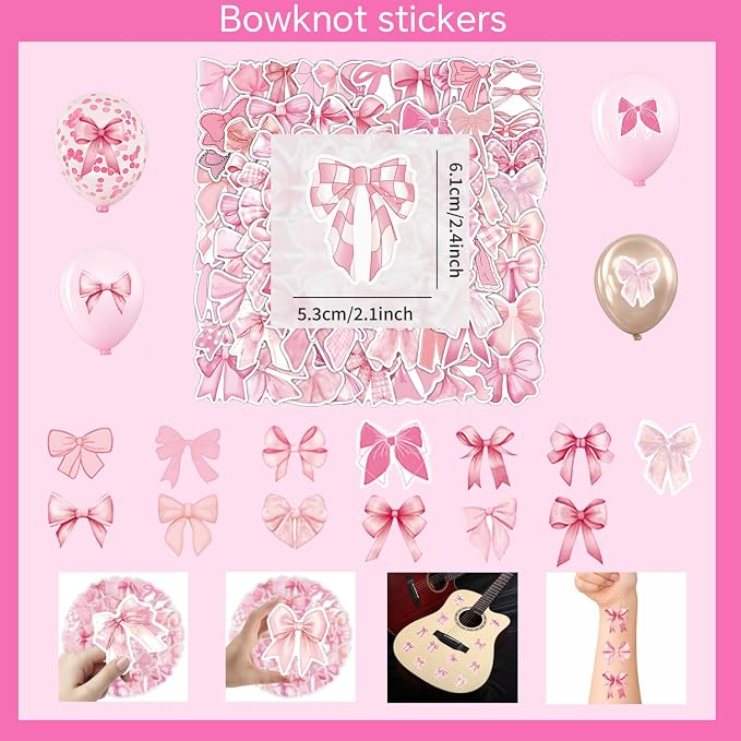 219Pcs Pink Bow Birthday Decorations, Coquette Tableware Set 24 Guests | Birthday plates and napkins, pink balloons, bow tablecloth and stickers for party supplies setup