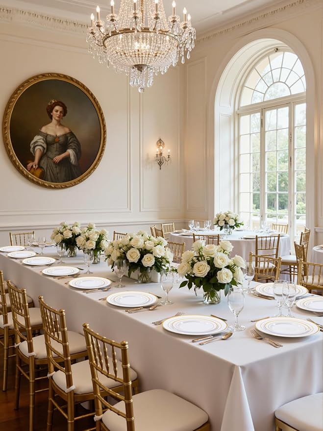 WDF 25Guest Gold Plastic Plates - Heavy Duty Plastic Plates Dinnerware - Include 25 Dinner Plate 25 Salad Plates 50 Forks 25 Knives 25 Spoons 25 Cups 25 Mini Forks for Wedding Birthday Valentine’s Day