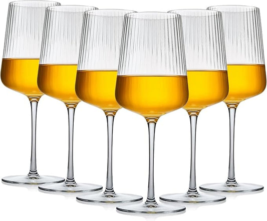 Qinyoung Ribbed Wine Glasses Set of 6 Modern Wine Glasses 17oz Crystal Ribbed Glassware for Art Deco Red White Champagne Fancy Glassware for Christmas Weddings Dinner Parties