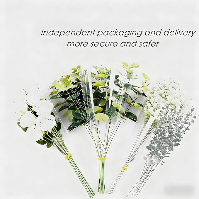Longer Size 60pcs Mixed Artificial Green Plants with Faux Eucalyptus Stems,Greenery Stems,White Roses Wedding Florals Artificial Flowers,Eucalyptus Garland for Decor
