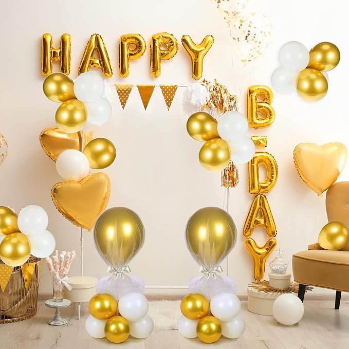 BBTO 8 Set Gold and White Table Centerpieces Balloons Stand Kit, Latex Balloons and Table Stand Holder with Base Tulle for Wedding Birthday Grad Prom Centerpieces Party Back to School Baby Shower