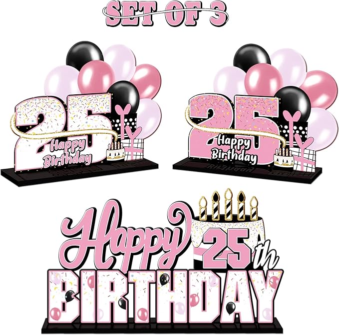 LINGTEER Happy 25th Birthday Pink Acrylic Table Topper Centerpieces Set - Cheers to 25 Years Old Birthday 25th Bday Party Gift Decorations.