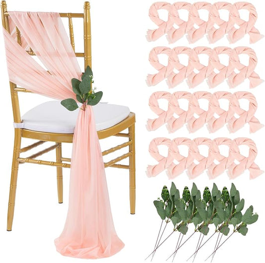 QueenDream Blush Chair Sashes Wedding Aisle Decorations: 16 Packs Tulle Draping Fabric Sheer Church Chair Cover Bulk for Baby Shower Party Banquet