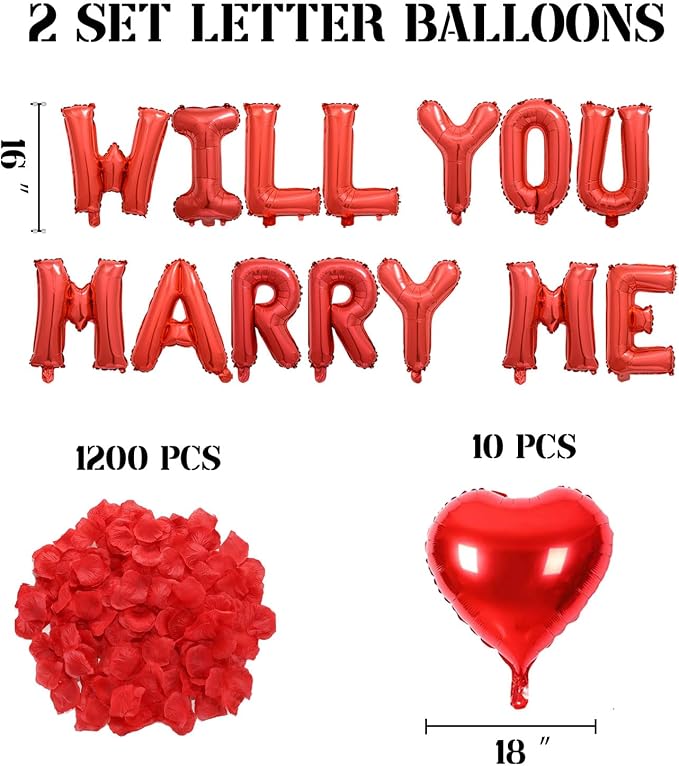 2 Set Red WILL YOU MARRY ME Balloons - 28pcs 16" Letter Balloons 10pcs 18" Heart Balloons with 1200pcs Red Artificial Rose Petals Alphabet Foil Mylar Balloons for Valentines Day Decorations