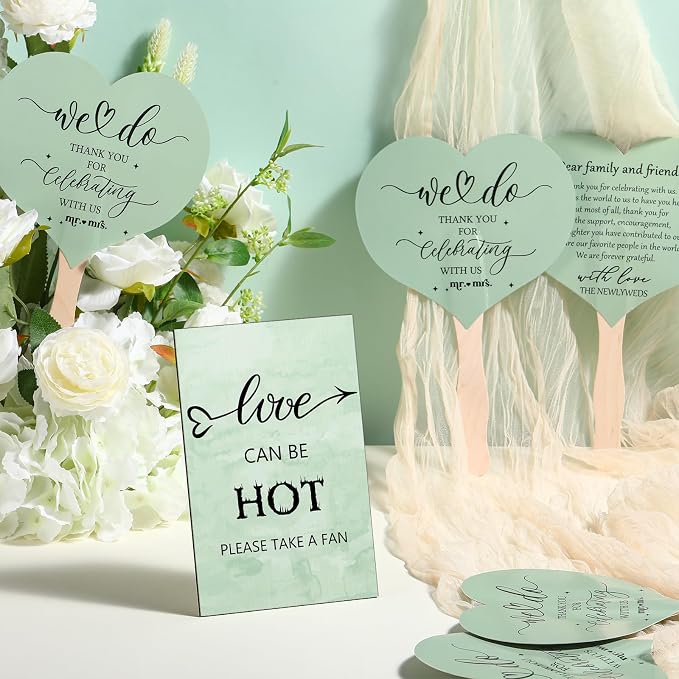 51 Pcs Wedding Fans for Guests Wedding Favor Paper Fans with Handle Bulk Table Sign for Ceremony Bridal Party Decoration(Green,Classic)