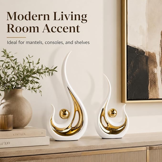 XMGZQ 2pcs White and Gold Modern Abstract Art Statue Table Decoration,Elegantes Ceramic Statue for Home Décor Accent,Mantel,Bookshelf,Centerpiece Table Decorations for Dining Room,adornos para sala