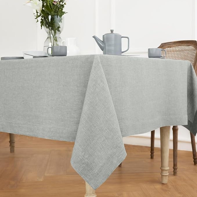Solino Home Linen Tablecloth 60 x 144 Inch - 100% Pure Linen Chambray Grey Table Cloth for Rectangle Tables - Athena, Machine Washable Fabric Tablecloth