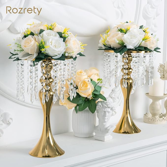 4 Pcs 13.5" Gold Metal Flower Vases for Wedding Table Centerpieces | Gold Finish with Crystal Drops, Durable Metal, for Party Anniversary Home Decor, Easy Assembly, Flowers Not Included
