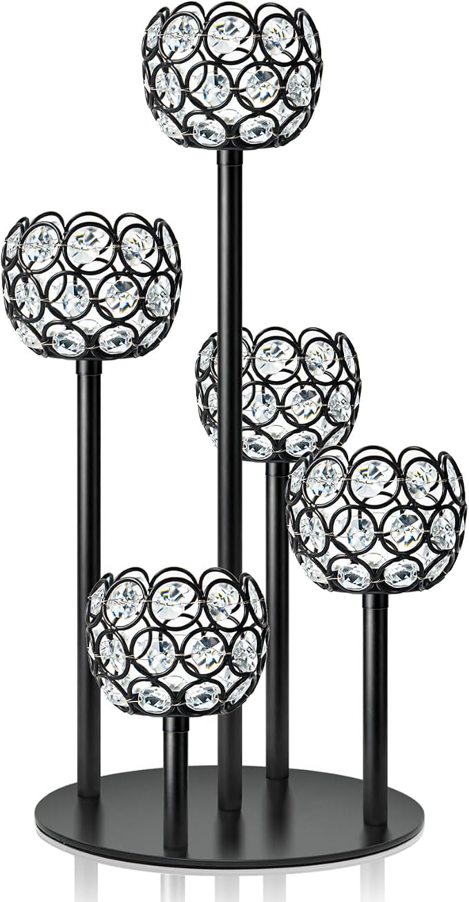 5-Arm Crystal Tealight Candelabra Centerpiece, 14.8 Inch Metal Candle Holder for Table Decor, Wedding, Christmas, Party, Anniversary & Home Decoration (1, Black, S-14.8 in)