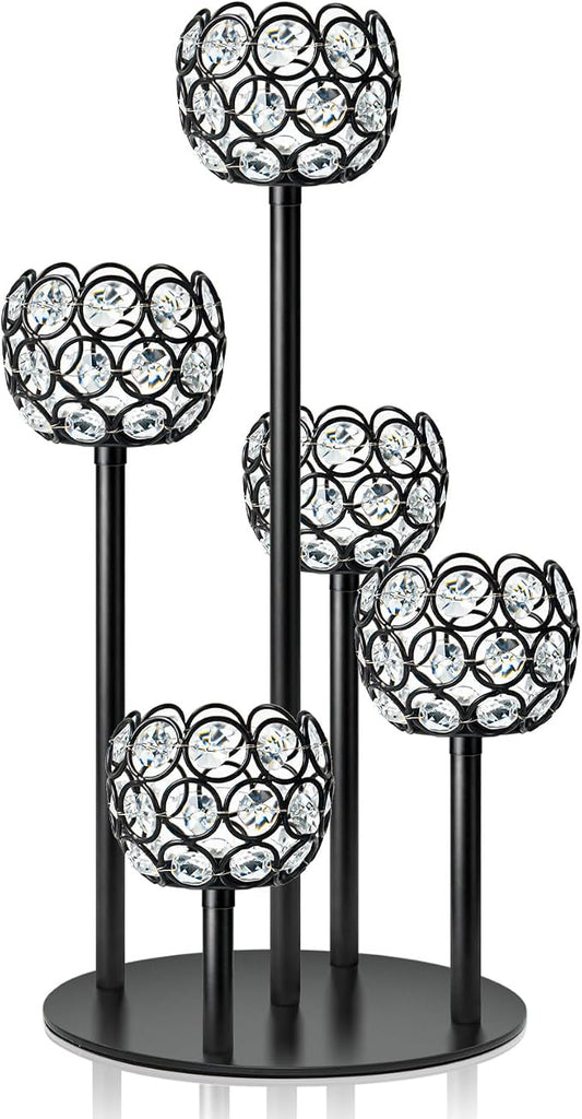 5-Arm Crystal Tealight Candelabra Centerpiece, 14.8 Inch Metal Candle Holder for Table Decor, Wedding, Christmas, Party, Anniversary & Home Decoration (1, Black, S-14.8 in)