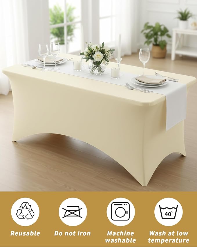 Fixwal 3 Pack Ivory Tablecloth Rectangle 6Ft, Stretch Spandex Fitted Table Cover for Party, Trade Show, Wedding, Buffet, Graduation, Vendor Stand