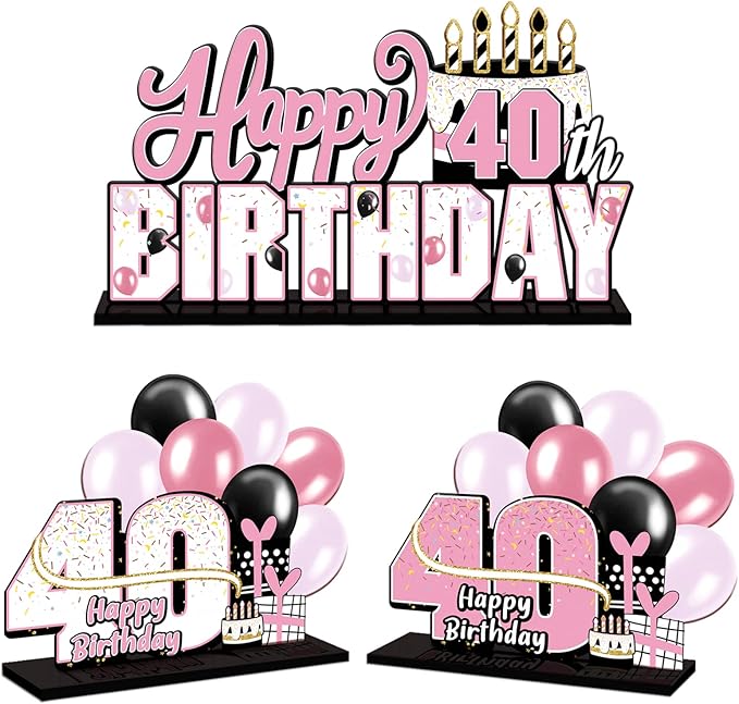 LINGTEER Happy 40th Birthday Pink Acrylic Table Topper Centerpieces Set - Cheers to 40 Years Old Birthday Forty Bday Party Gift Decorations.