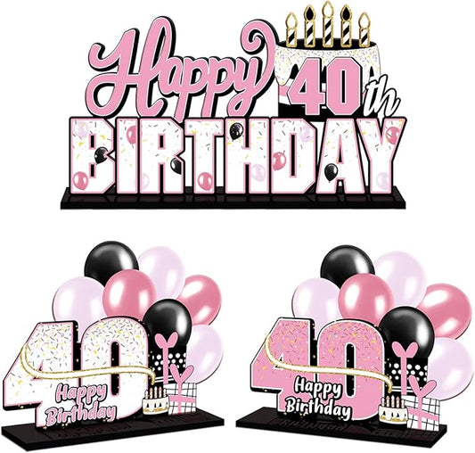 LINGTEER Happy 40th Birthday Pink Acrylic Table Topper Centerpieces Set - Cheers to 40 Years Old Birthday Forty Bday Party Gift Decorations.