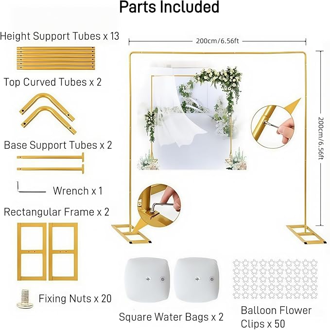 GIB 6.5FT Heavy Duty Backdrop Stand with Base, Gold Metal Square Wedding Arch Balloon Frame Background Decor for Shower Birthday Parties Anniversary Ceremony Decoration