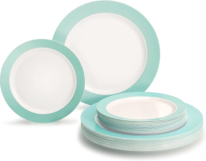 " OCCASIONS " 240 Plates Pack,(120 Guests) Heavyweight Wedding Party Disposable Plastic Plates -120x10.25'' Dinner+120 x 7.5'' Salad/Dessert (Rio Collection White & Turquoise blue)