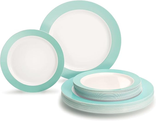 " OCCASIONS " 240 Plates Pack,(120 Guests) Heavyweight Wedding Party Disposable Plastic Plates -120x10.25'' Dinner+120 x 7.5'' Salad/Dessert (Rio Collection White & Turquoise blue)