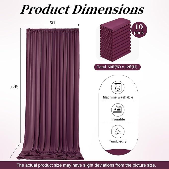 50ft x 12ft Burgundy Backdrop Curtains for Parties, Wrinkle Free 10 Panels Photo Backdrop Drapes Back Drop Cloth for Wedding Birthday Photography Background Decor