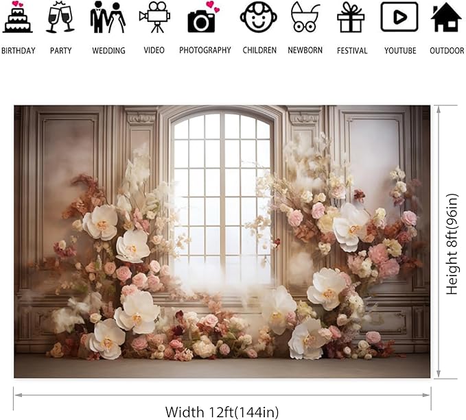 European Style Interior Room Backdrop 12x8ft Art Oil Painting Flowers French Window Photography Background Birthday Bridal Shower Women Girl Home Room Office Decor Banner Photo Studio Props