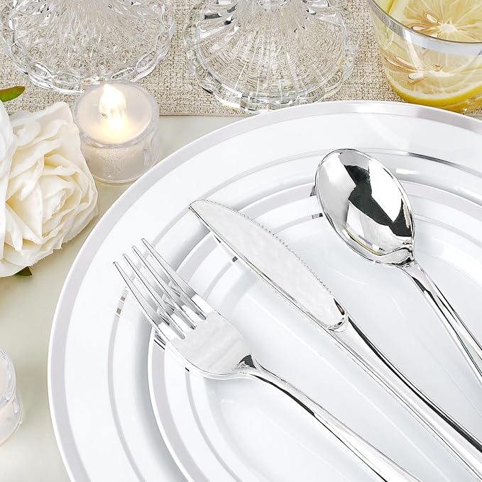 700 PCS White and Silver Plastic Dinnerware Set for 100 Guests, 200 Disposable Plates for Party, 100 Pre Rolled Napkins with Silver Silverware, 100 Cups