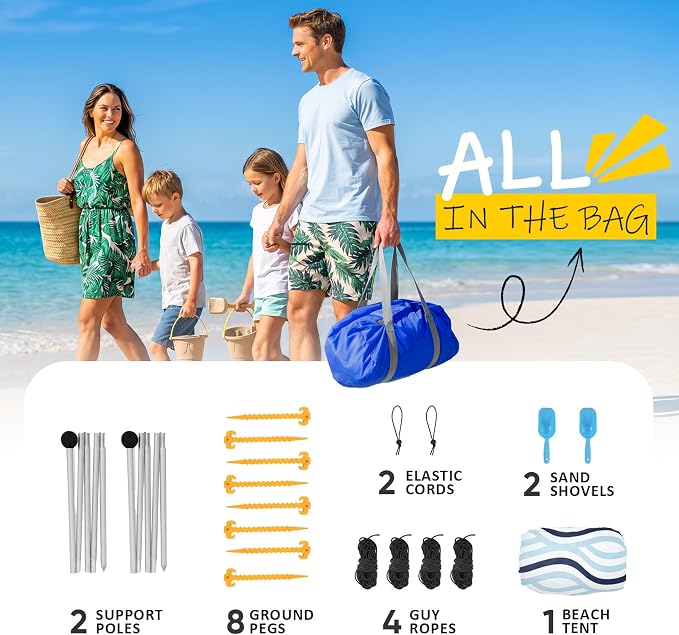 Sekey Aluminum Beach Shade Sun Shelter UPF 50+ - 6.5x6.5 FT Portable Beach Canopy with Windproof Rope & Stability Poles, Easy Setup Outdoor Tent for Camping, Backyard, Fishing, Picnics
