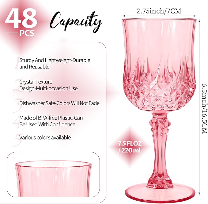 48Pack Pink Plastic Wine Glasses,Vintage Plastic Goblets for Parties, Pink Drinking Glasses Crystal Water Goblets Reusable for Wedding Reception, Grand Event Party Supplies