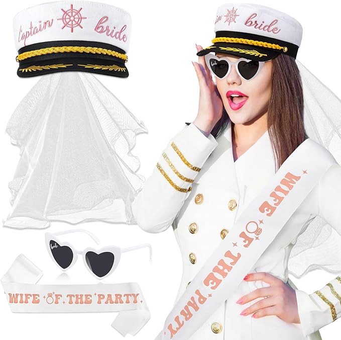JaGely Bride Captain Hat with Veil, Bachelorette Sash & Sunglasses for Bridal Shower Bachelorette Party Decor Accessories(Wife of the Party)